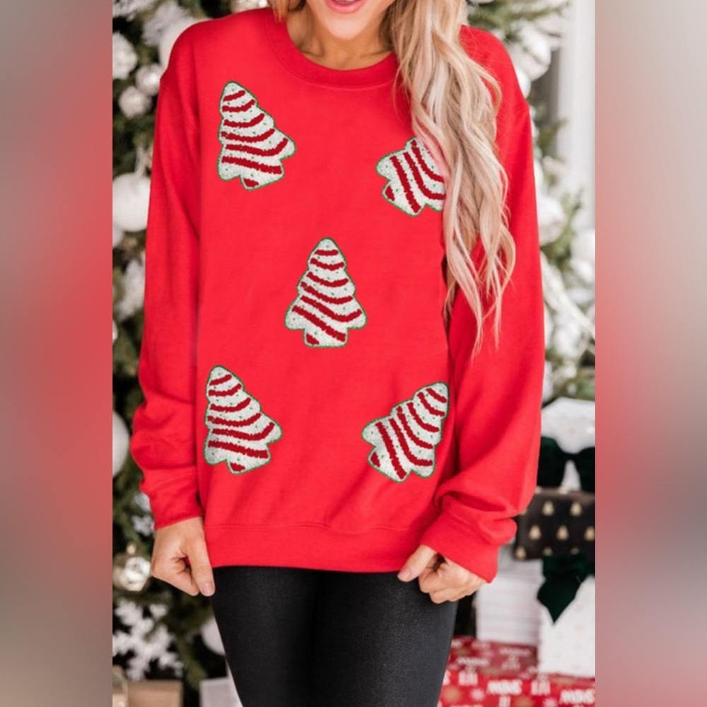 Red Christmas Tree Chenille Patched Drop Sweatershirt - Picture 5 of 8